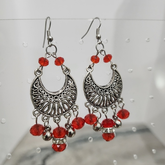 Bohemian Silver Crescent Earrings with Red Faceted Bead Drops - Picture 1 of 4